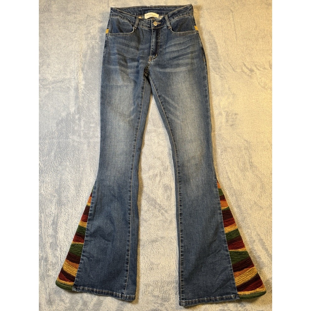 Saints & Hearts Extreme Flare Jeans Womens Knit Panel Patchwork Actual 26x34